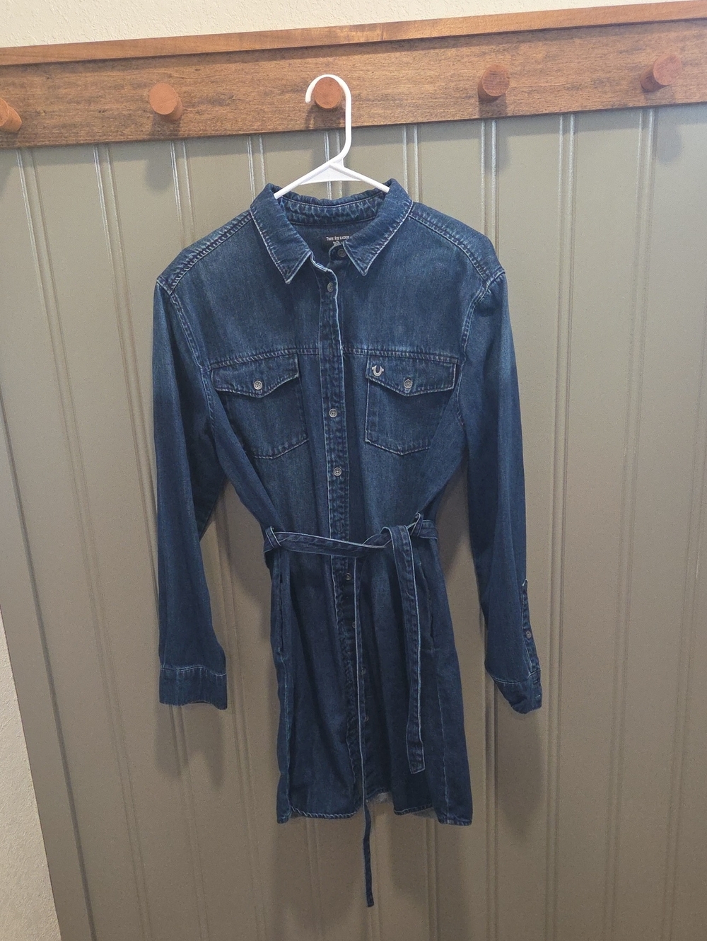 True Religion Dark Blue Denim Shirt Dress with Waist Tie